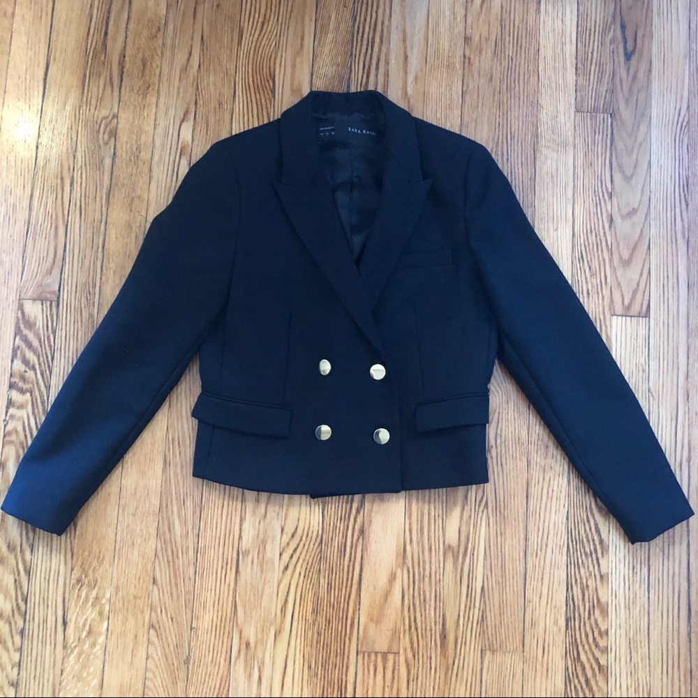 NWOT Zara Black Cropped Blazer with Gold Buttons